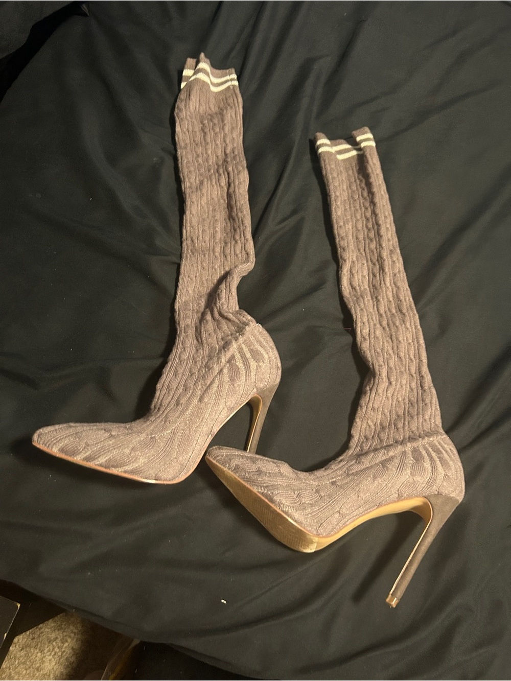 Lola Shoetique Taupe Knit Sock Stiletto Boots with Striped Cuff